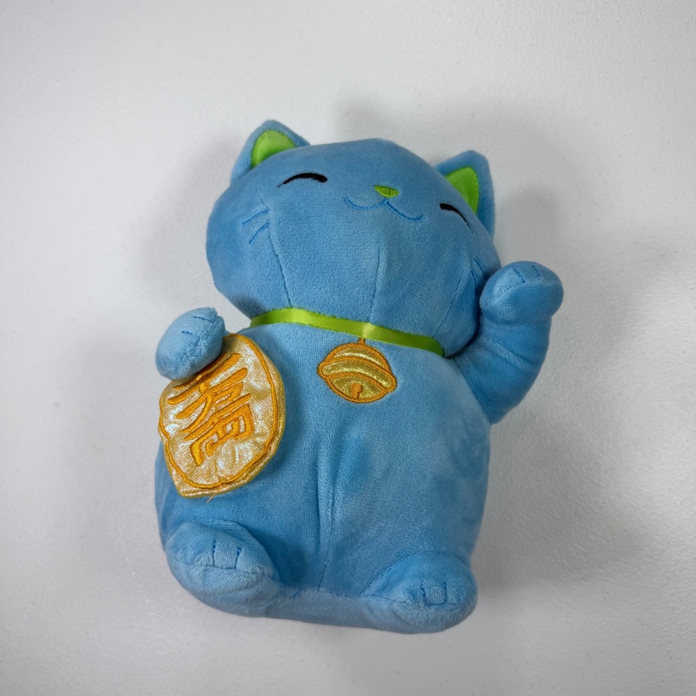 Unbranded Lucky Cat Maneki-Neko Plush Unisex Small Blue Excellent Embroidered